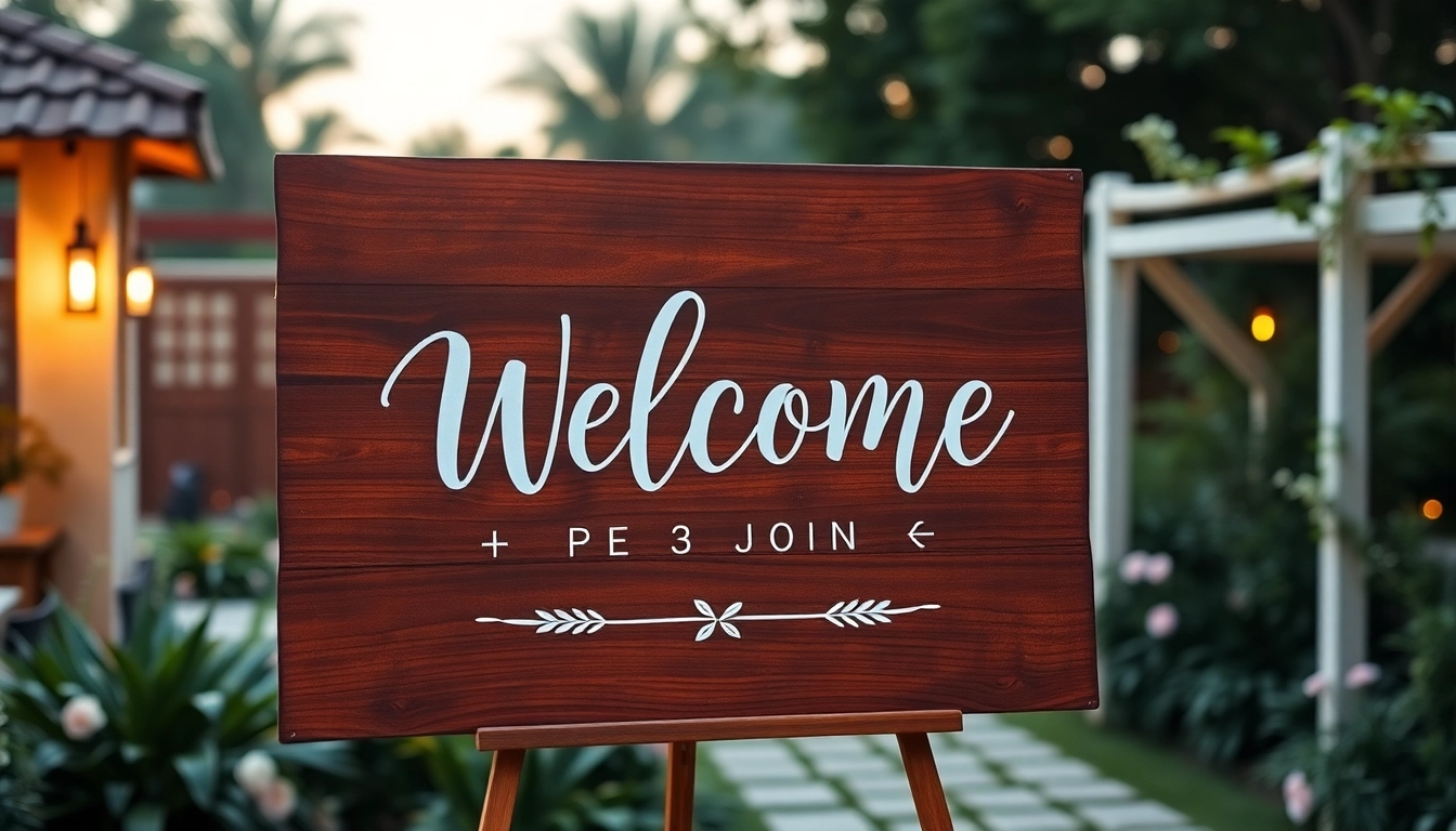 Beautiful wedding welcome sign with stylish calligraphy on rustic wood, perfect for outdoor wedding ceremonies.