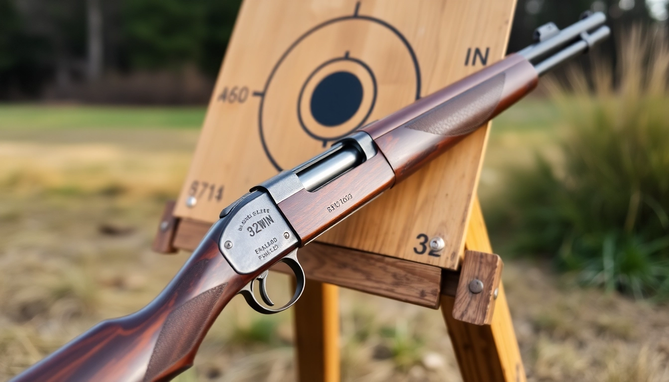 The 32WIN cartridge and rifle showcased in a rustic outdoor setting, emphasizing precision and heritage in firearms.