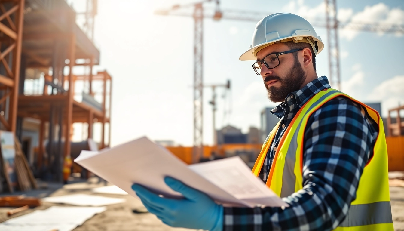 Experienced contractor reviewing plans on-site, ensuring quality and precision for your construction project.