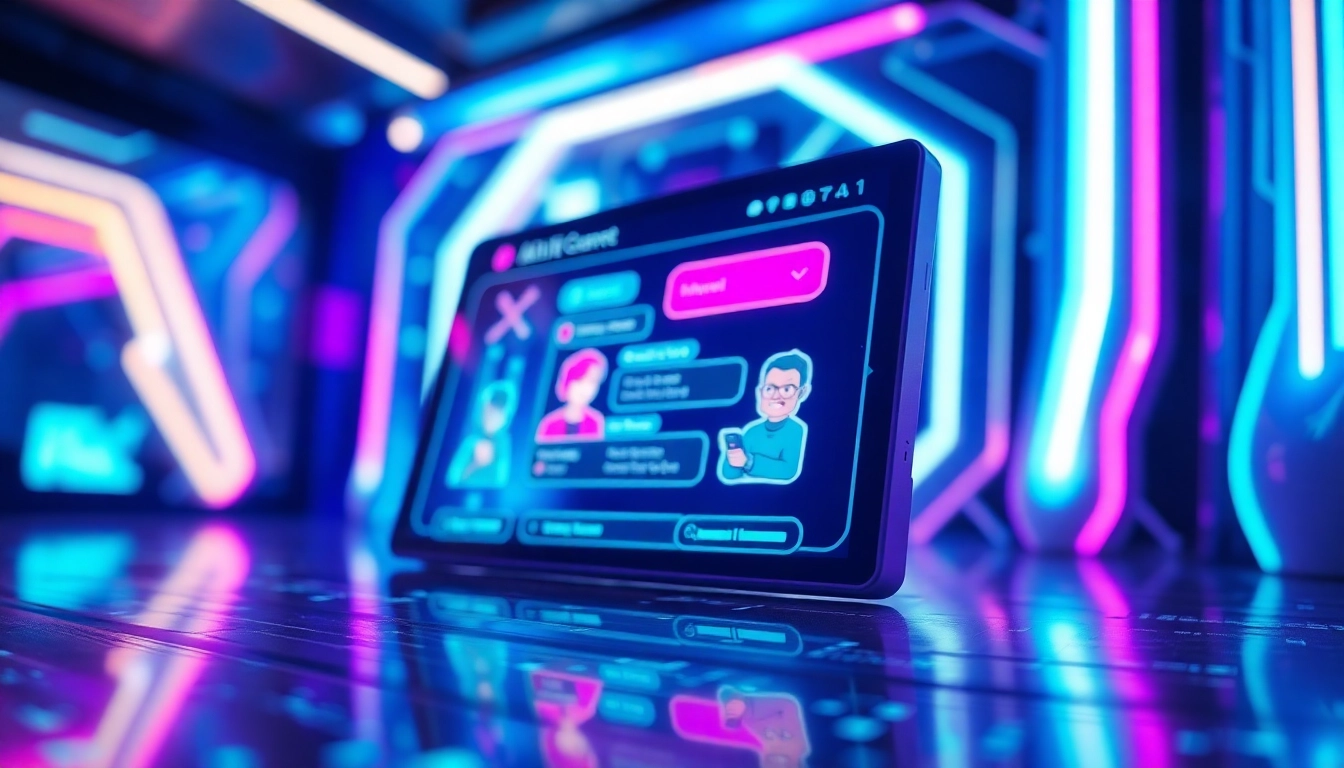 An illustration of a futuristic digital chat interface with colorful neon lights and holographic AI characters in a cyber environment.