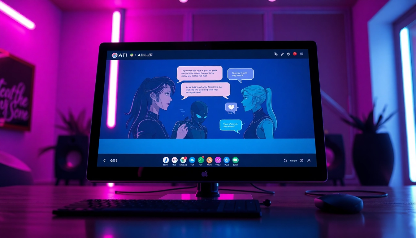 Digital illustration of a chat interface with AI characters in a neon-lit, futuristic room.