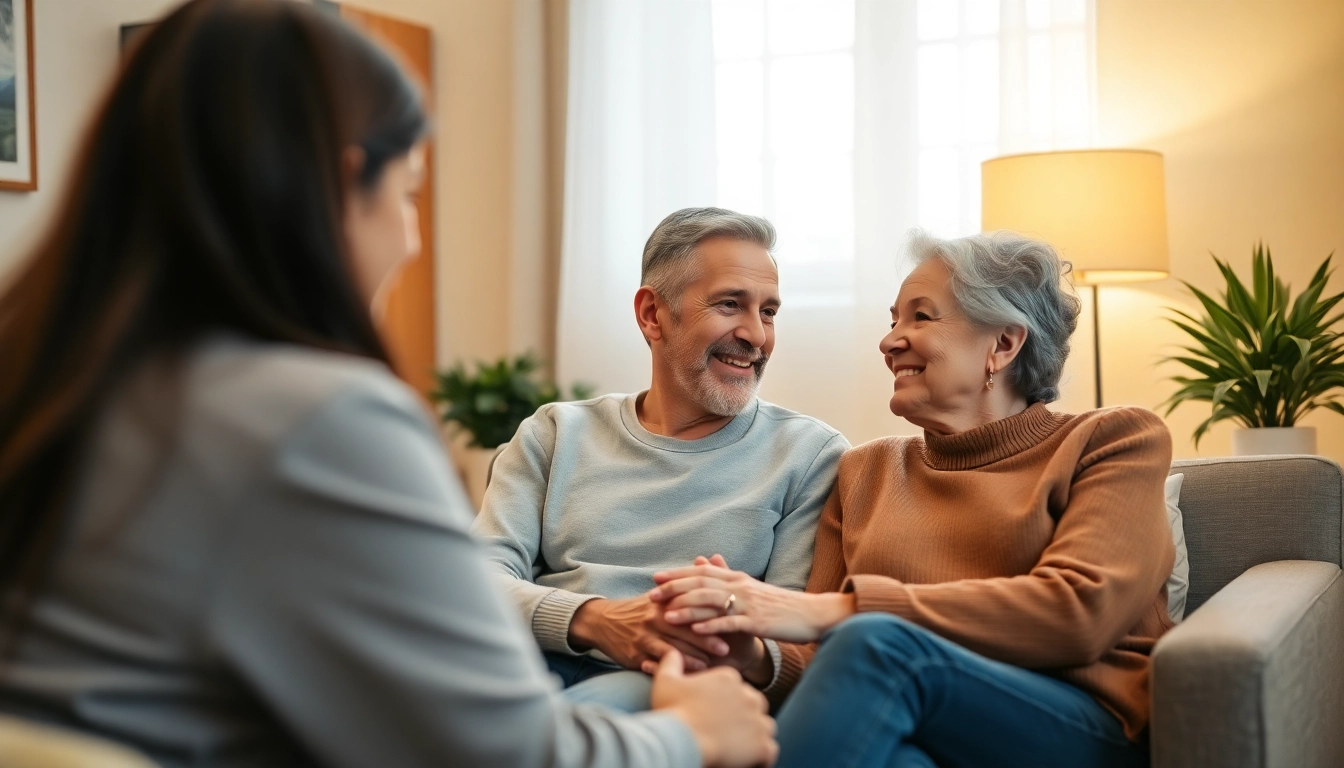 Terapia par Lublin: Pair engaging with therapist in a cozy, welcoming setting to rebuild communication and trust.