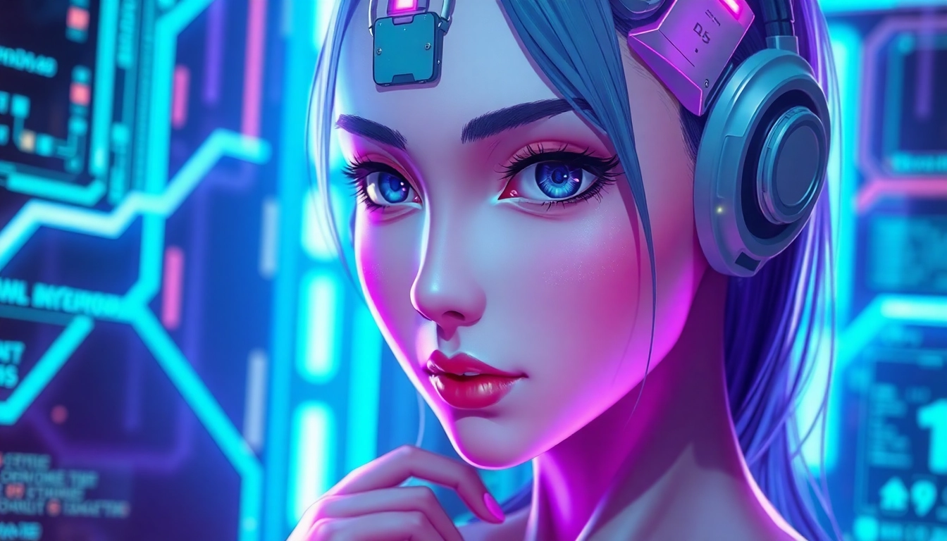 Realistic anime-style female AI with cybernetic accents in a neon-lit digital environment