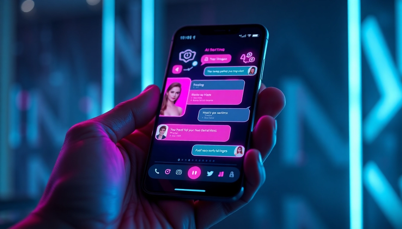 Close-up of a smartphone displaying a futuristic AI sexting app interface with customizable avatars and vibrant neon visuals.