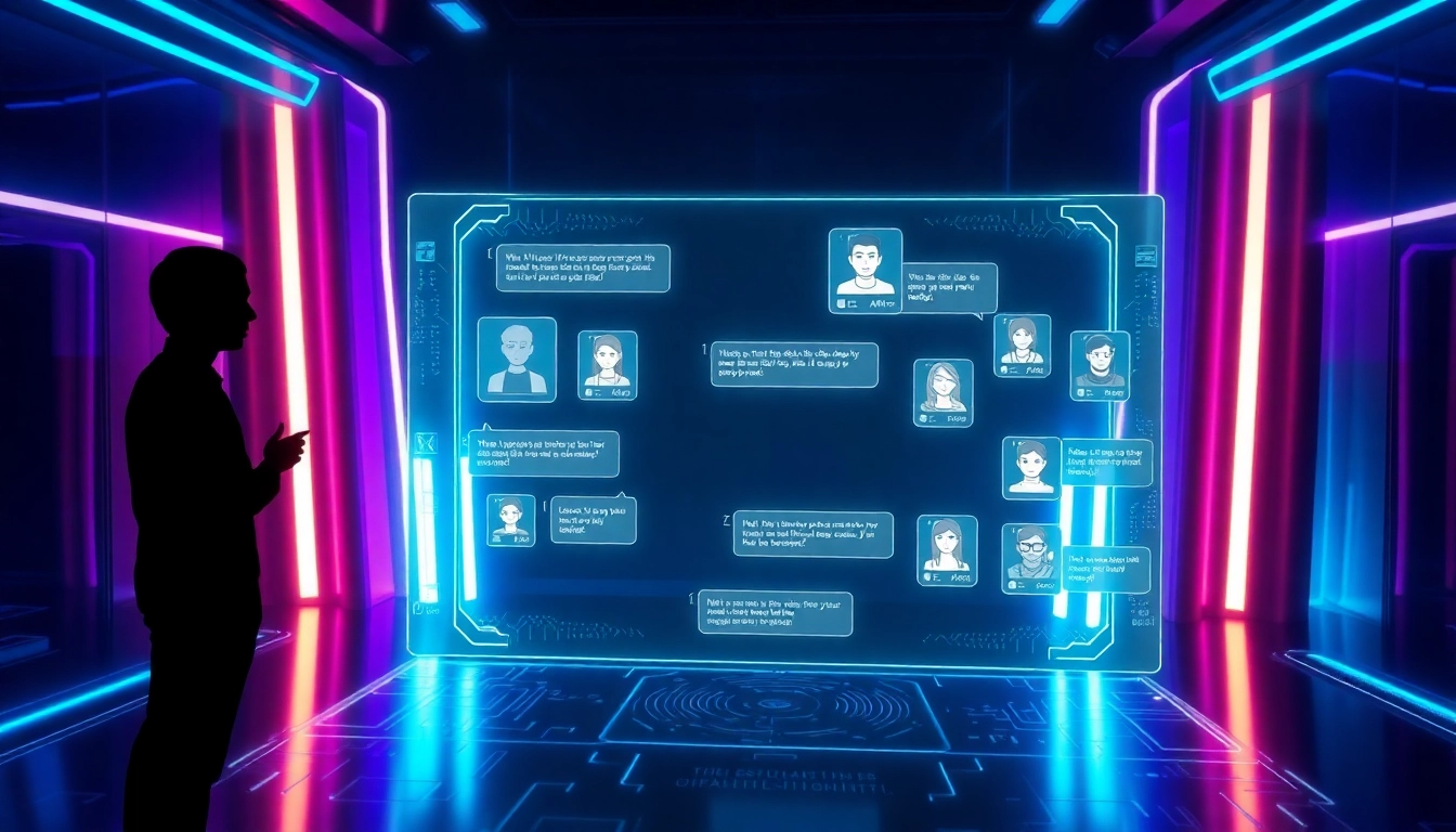 Futuristic chatbot interface with holographic AI character profiles and glowing digital environment.