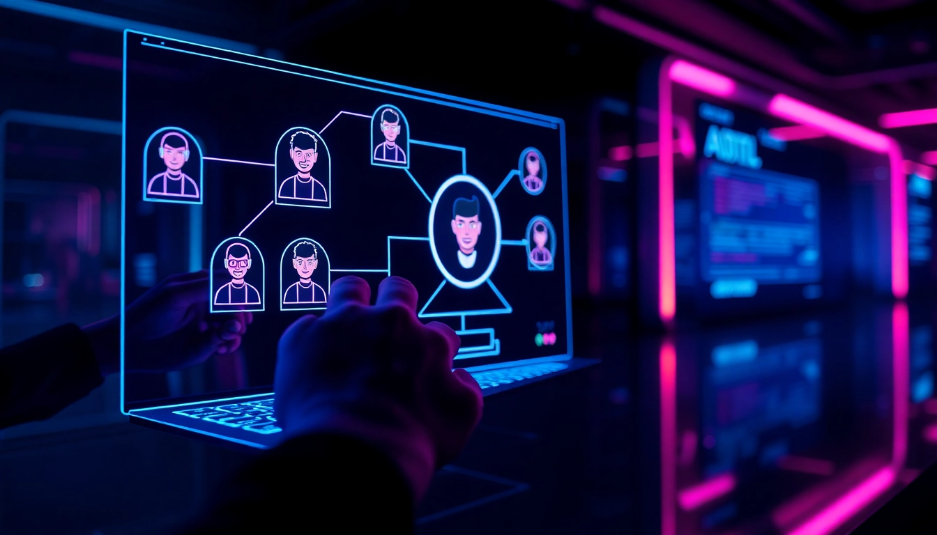 An advanced AI chatbot interface on a high-tech screen with neon lights and holographic character customization options.