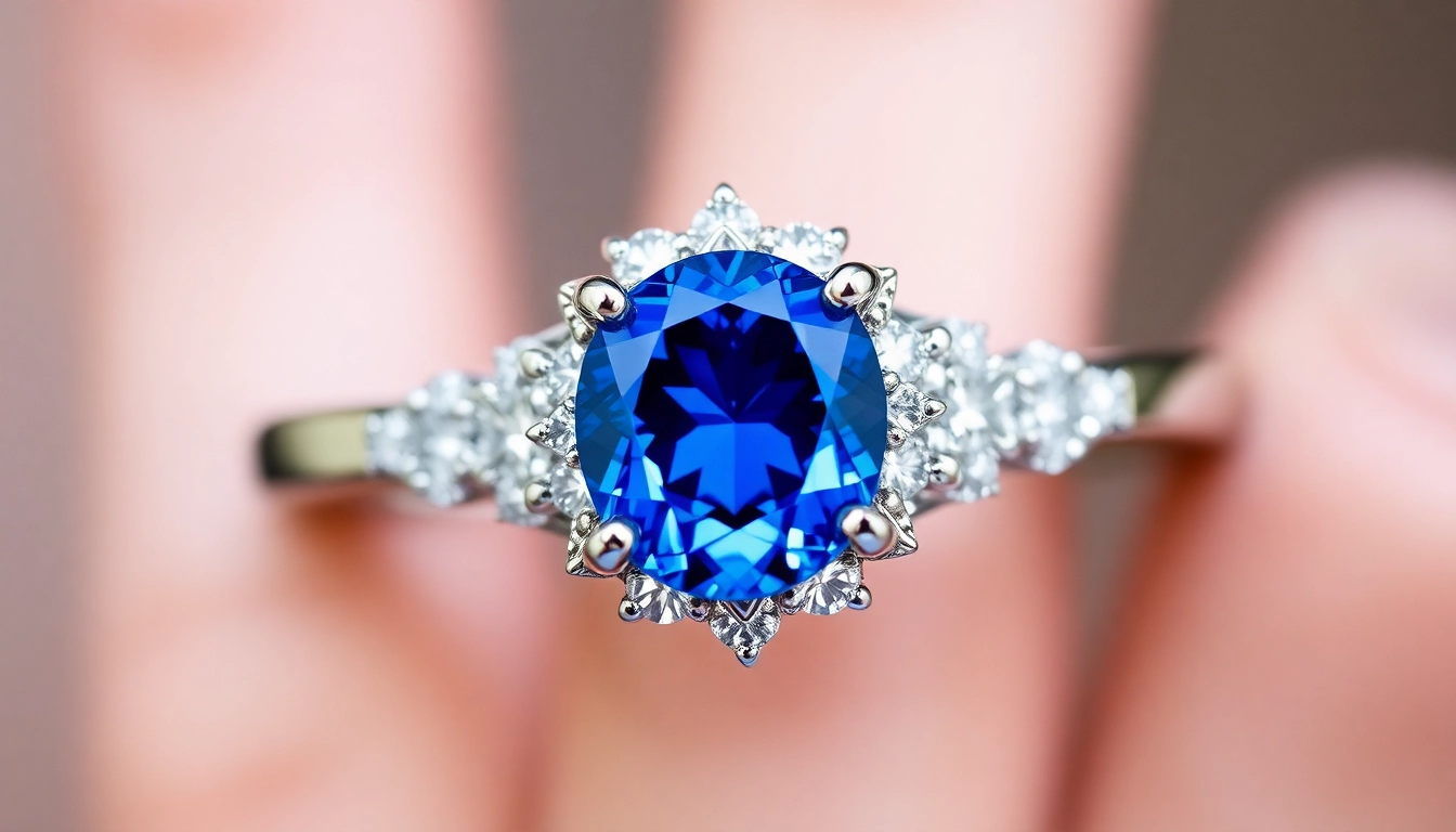 Elegant engagement ring with sapphire featuring a vivid blue center stone, surrounded by small diamonds, photographed from a top angle for clarity.