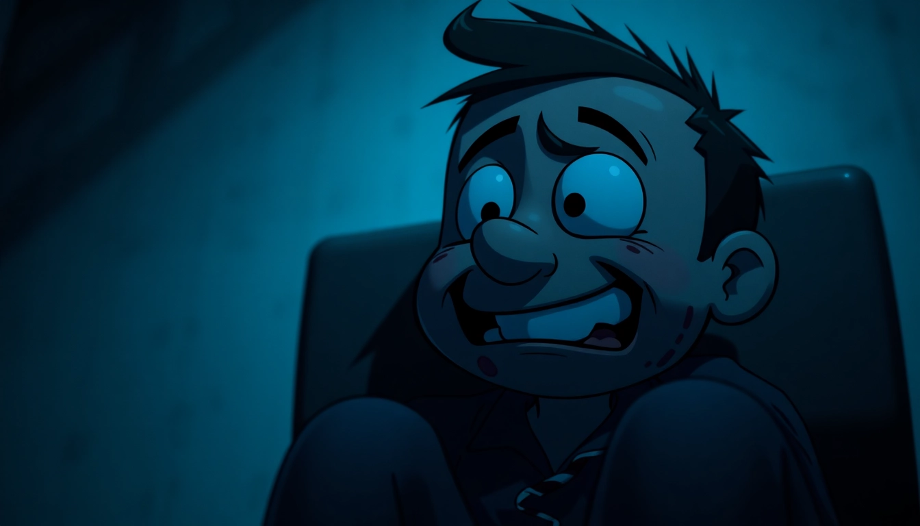 A distressed cartoon character named Harvey in a dark room, showing pain and suffering, with a tense and unsettling atmosphere.