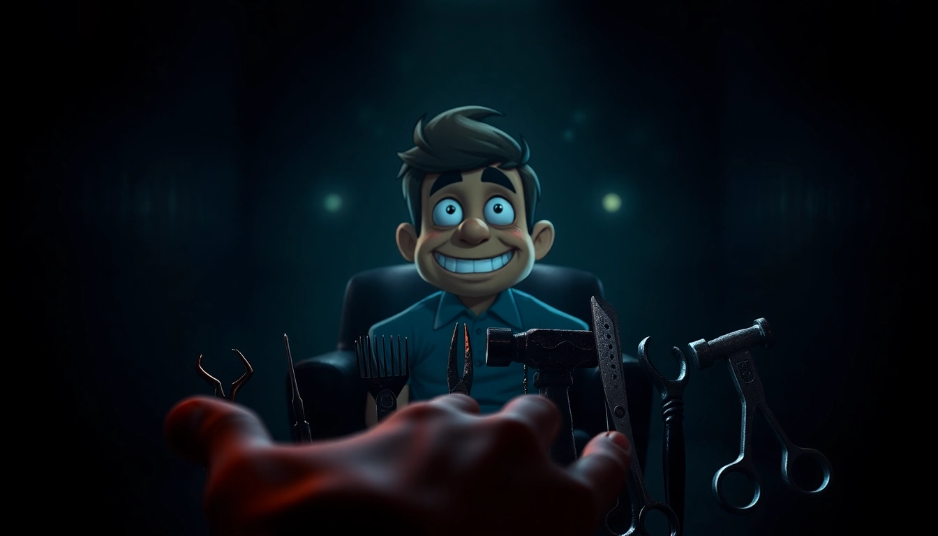 An unsettling illustration of Harvey in a dark room, showing him in distress as a hand selects violent tools, emphasizing the game's dark tone and moral conflict.