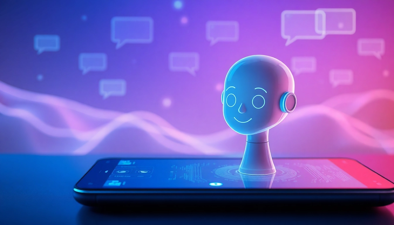 Digital illustration of a futuristic chat interface with AI avatar and holographic chat bubbles in a glowing digital landscape.
