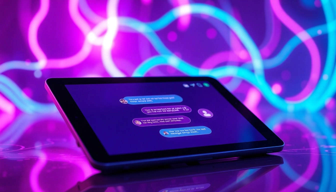 Futuristic chat interface on a sleek tablet with neon lights and holographic data streams, representing AI-powered conversations.