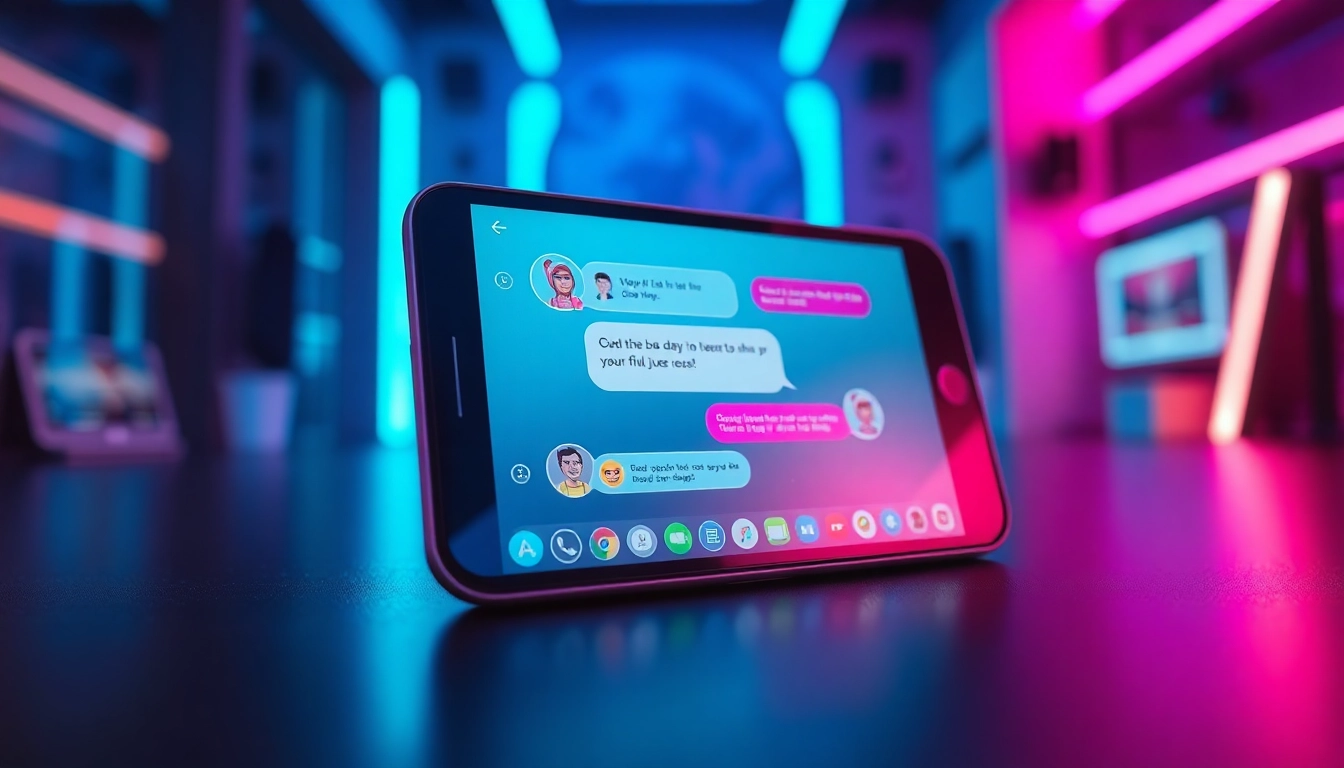Close-up of a smartphone displaying a vibrant AI chat interface with colorful characters in a neon-lit environment.