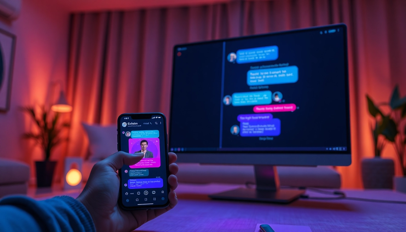Person engaging in a vibrant, colorful AI chat conversation on multiple devices in a cozy room setting.