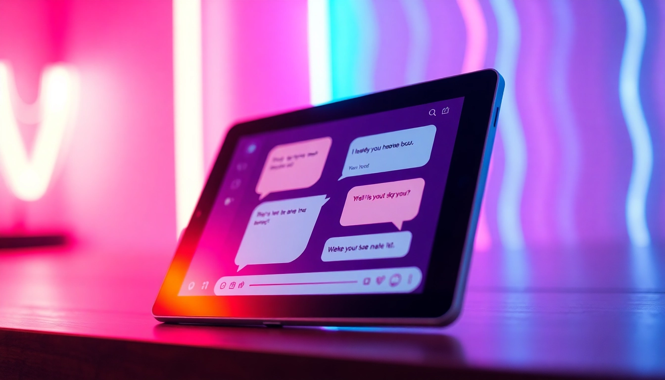 Digital chat interface on a tablet with colorful chat bubbles and neon lighting