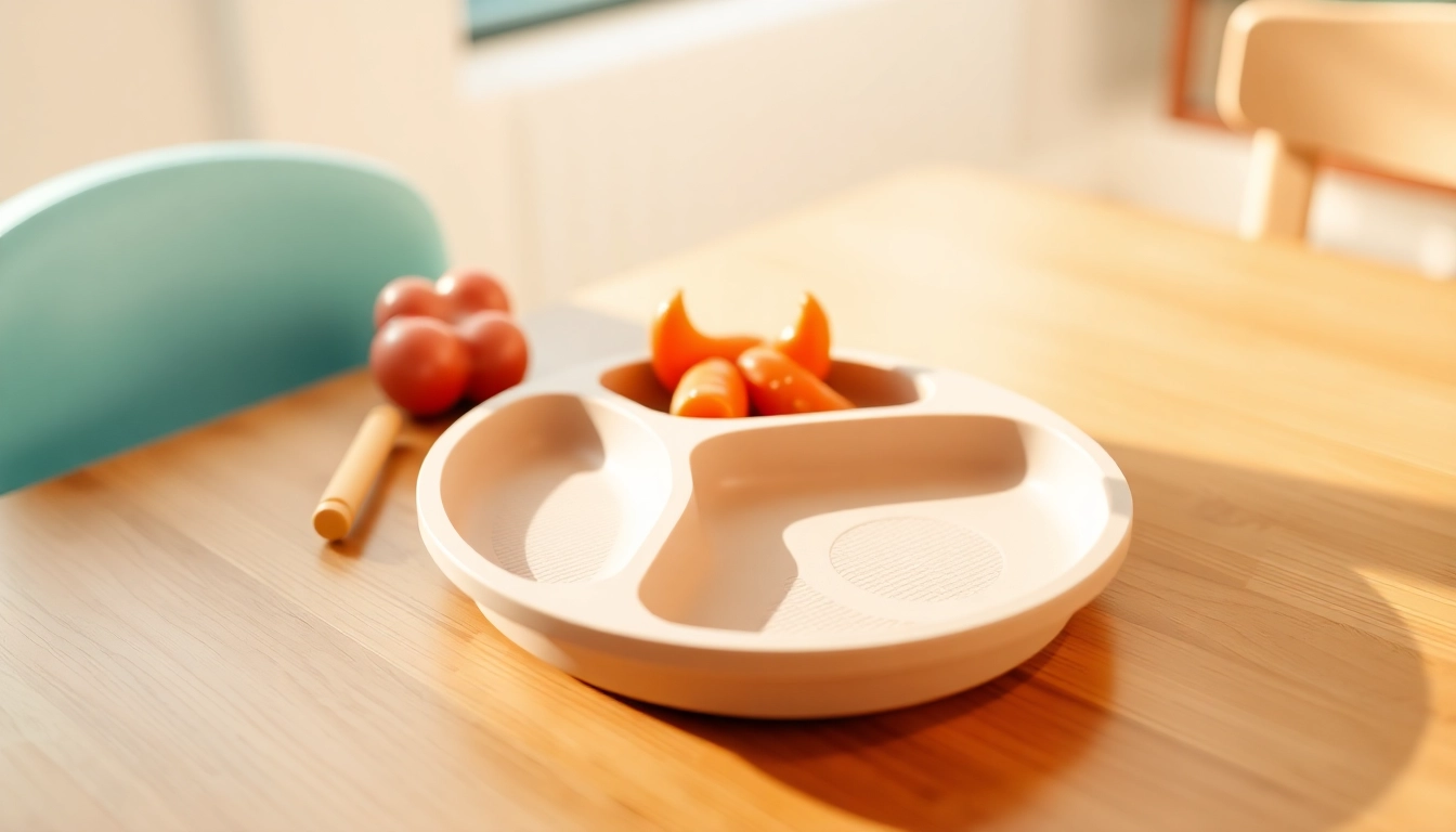 Child enjoying meal using a silicone divided plate for self feeding, emphasizing safety and