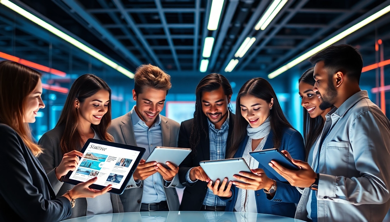 Tech entrepreneurs analyzing latest technology startup news in a modern digital workspace