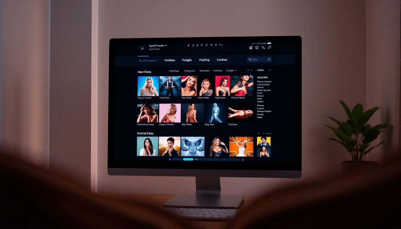 A modern adult website interface on a computer screen with colorful thumbnails and category icons.