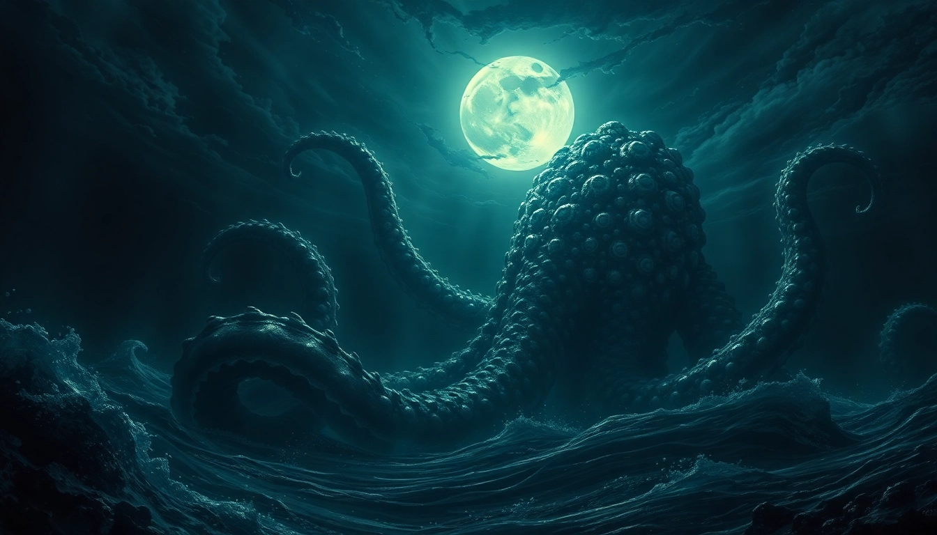 Kraken depicted as a giant sea monster with massive tentacles and glowing eyes rising from deep